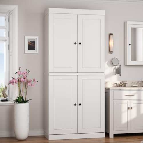 Palace Imports Solid Wood Tall Bathroom Pantry Cabinet with 4 Wooden Doors & Adjustable Shelves, White - 100% Eco-Friendly, Renewable, Space-Saving Storage, 71.5" H x 32" W, Made in Brazil - color: White