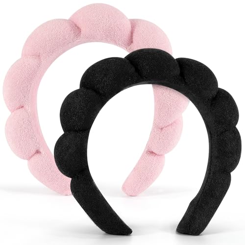 Chanaco Spa Headband and Wrist Bands for Women, Skincare HairBands Wrist Towels, Face Wash Hair Wraps Non Slip, Thick Facial Accessories for Makeup, Bath Shower Teen Girl Gifts Trendy Stuff - color: Black,Pink