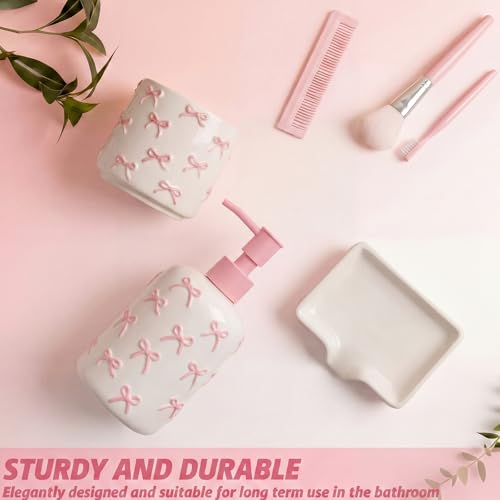 White Cute Ceramic Bathroom Accessories Set 3 Pcs - White Bowknot Soap Dispenser, Toothbrush Holder, Soap Dish - Modern Coquette Preppy Bathroom Decor & Apartment Essentials (Novel Style) - color: White