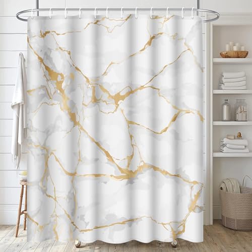 ArtSocket White Bathroom Set with Shower Curtain and Rugs and Accessories, Marble Gold Rose Stone Shower Curtain Set, Modern Mable Bathroom Decor 3-Piece Set - color: Modern 2