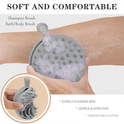 Douji Double-Sided Silicone Body Scrubber Shower Bath Brush, Handheld Cleansing Skin Brush for Sensitive Kids Women Men All Kinds of Skin（Grey） - size: Grey