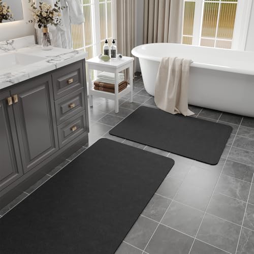 Dark Grey Bath Mat Set 2 Piece - Quick Dry Super Absorbent Diatomaceous Earth Bathroom Rug With Rubber Backing Non-Slip for Shower Floor, 47x17 + 24x17