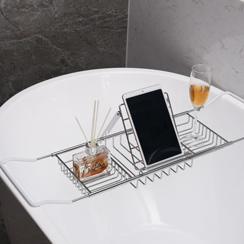 Bathtub Tray,Stainless Steel Shower Bathtub Caddy Tray with Removable Book Holder Red Wine Rack Holder, for Home Kitchen Bathroom, Sliver