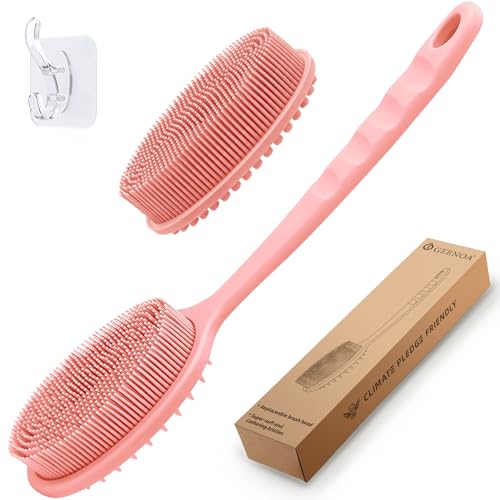 Silicone Back Scrubber for Shower, Gentle Shower Scrubber for Lathering, Softe Silicone Loofah with Two Replaceable Brush Heads, Good for Kids, Sensitive Skin(Pink-Two Heads) - color: Pink-two Heads