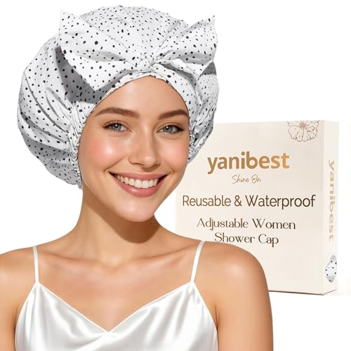 Yanibest Shower Cap for Women Reusable Waterproof, Adjustable Non-Slip Shower Hair Cap, Washable Bath Hat - color: White Dot