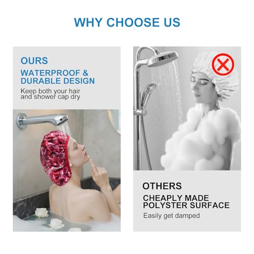 Upgraded Waterproof Terry Shower Cap, Reusable Shower Cap for Women with Long Hair, Soft Absorbent Hair-Protecting Towel Lining Bath Cap, Large Leak-Proof Hair Cap with Fashionable Print Outer - Red - color: Red