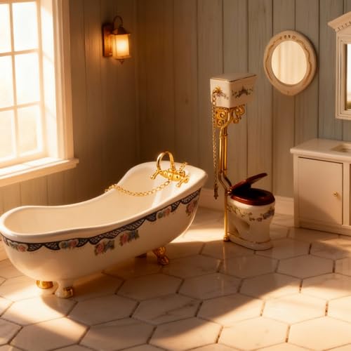 Dollhouse Bathroom Set 5PCS Miniature Porcelain Furniture 1/12 Victorian Dollhouse Furniture White Ceramic Toilet Bathtub Washbasins Decoration Accessory (Blue) - style: Blue
