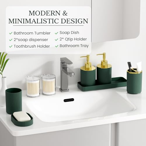 Dark Green Bathroom Accessories Set, 10PC Bathroom Set, Bath Accessory with Pop Up Trash Can, Soap Dispenser, Toilet Brush, Toothbrush Set Qtip Holders & Tray - color: Dark Green & Gold, size: 10-Piece Set (Accessories Only)