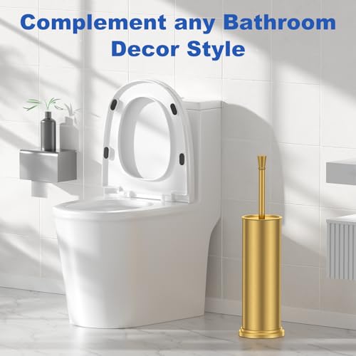 Toilet Brush and Holder Set：304 Stainless Steel Heavy Duty Toilet Bowl Brush，Removable Inner Bowl and Splash Protection，Bathroom Toilet Brush-Dense Bristles for Through Cleaning - color: Gold