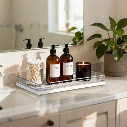 Bathroom Vanity Tray, 13" x 8" Oak Decorative Wooden Tray for Countertop | Large Bathroom Vanity Organizer, Wood Tray for Perfume, Skincare & Accessories Storage, Vanity Dresser Decor, Silver & White - color: Silver, size: 13" x 8" x 2"