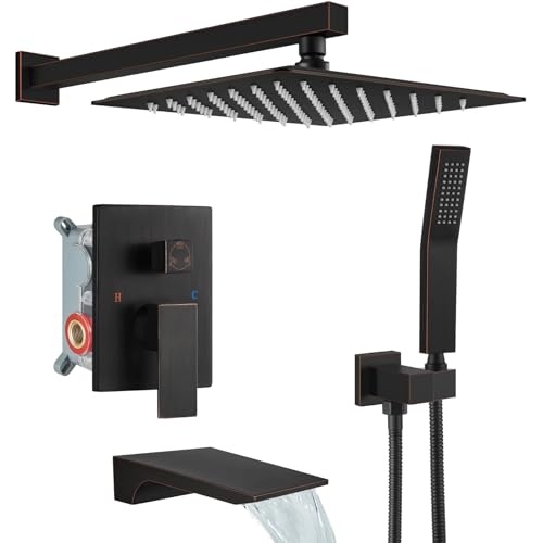 gotonovo Shower System with Tub Spout,Waterfall Tub Shower Faucet Set for Bathroom Head and Handle Set Wall Mounted 3 Function Rough-in Valve and Trim Included 10 inch Shower Head Oil Rubbed Bronze - color: Oil Rubbed Bronze, size: 10 inch Shower Head