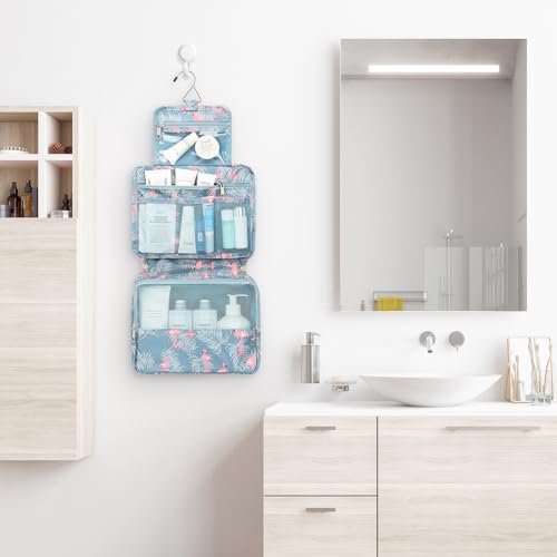 Mossio Hanging Toiletry Bag with Sturdy Hook - Large Portable Cosmetic Makeup Travel Organizer for Men & Women - color: Grey Flamingo
