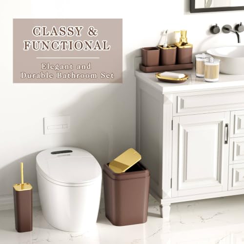 XLHOMO Bathroom Accessories Set - 25PC Bathroom Set with Shower Curtain and Rugs, Brown Bathroom Set, Bathroom Accessory Set with Press-on Lid Trash Can, Soap Dispenser and Qtip Holders - color: Brown & Gold, size: Plaid Complete Set + Bath Rugs