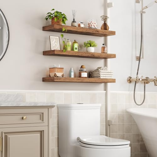 RALGEND Floating Shelves for Wall, 1.5" Thick Wall Shelf Set of 3 with Invisible Brackets, L31.5 x W7.9 Hanging Shelves Farmhouse Home Decor for Bathroom, Living Room, Bedroom, Rustic Brown 8301BJP3BF - color: Rustic Brown, size: 31.5 Inches