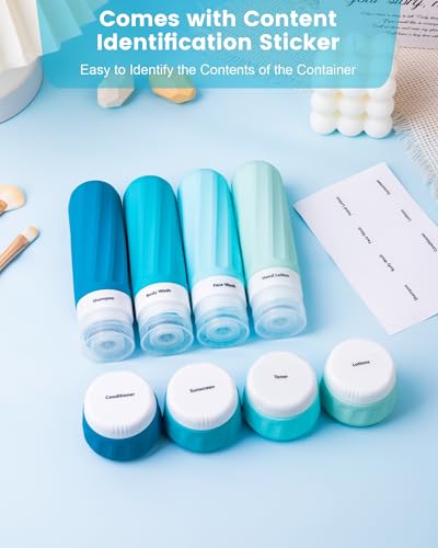 Mrsdry Travel Bottles for Toiletries, 10 Pack, TSA Approved, 3oz/90ml Silicone, Leak Proof, Wide Mouth, Reusable, Travel, Vacation, Plane Trip, Camp - color: Blue, size: 3oz bottle 1oz jar
