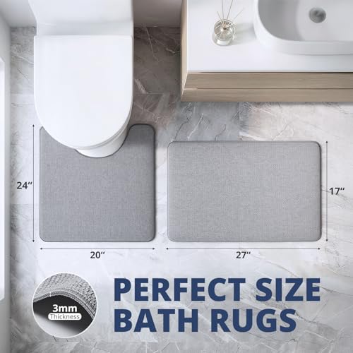 Bathroom Rugs Sets 2 Piece, Thin Bath Mat & U-Shaped Contour Toilet Rug Absorbent Quick Dry, Machine Washable, Non Slip Low Pile Bath Mats for Bathroom/Tub/Sink/Shower (27"x17" Plus 24"x20" U, Grey) - color: Grey, size: 17"x27"+U Shape 24"x20"-2pack