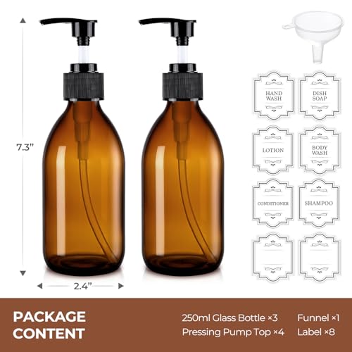 8 oz Amber Glass Soap Dispenser, 250ml Glass Pump Bottle for Body Lotion Massage Oil, Refillable Empty Hand and Dish Soap Dispensers Set with Labels - 3 Pack - color: Amber