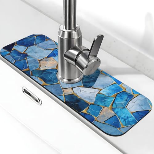 Kitchen Sink Splash Guard Faucet Mat, Blue Gold Abstract Mosaic Diatom Mud Absorbent Draining Mat For Kitchen Sink Bathroom - color: Blue Gold Abstract Mosaic, size: One Size