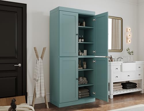 Palace Imports Solid Wood Tall Bathroom Pantry Cabinet with 4 Shaker Doors & Adjustable Shelves, Aqua - 100% Eco-Friendly, Renewable, Space-Saving Storage, 71.5" H x 32" W, Made in Brazil - color: Aqua