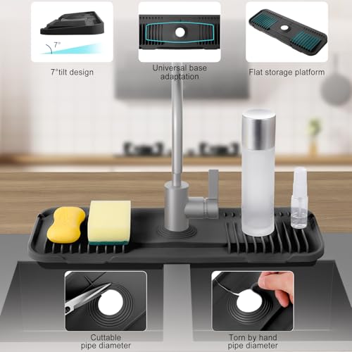 Kingmall 2nd Generation Silicone Faucet Mat, Kitchen Faucet Drip Catcher with Cuttable Circular Center for Kitchen Sink, Tailor-Made for Faucets with Deck Plate, 100% Food Grade Silicone, Black - color: For Faucets with Deck Plate (Black)