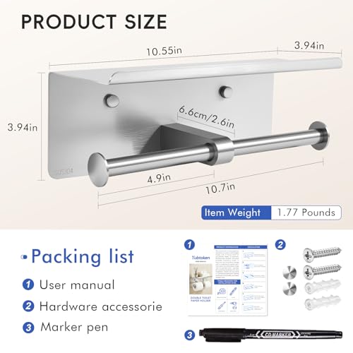 4 Pack Double Toilet Paper Holder with Shelf, Wall Mount Tissue Roll Holder for Bathroom, Heavy Duty 304 Stainless Steel Commercial Toilet Paper Dispenser with Phone Shelf - Brushed Nickel