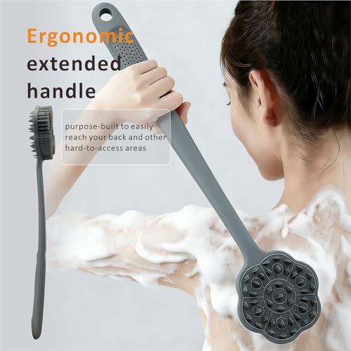 Back Body Scrubber & Face Scrubber for Shower - 15 Inch Long Handle Double Sided Silicone Body Brush for Exfoliation & Massage, Soft Facial Cleansing Brush, Rich Lathering for Deep Cleansing (Gray) - color: Gray
