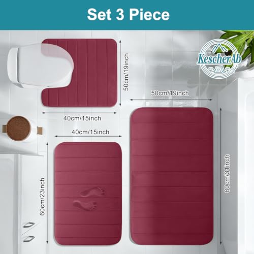 Bathroom Rugs Sets 3 Pieces Thicker Memory Foam Bath Mat with Non Slip Backing, Machine Wash, Dries Quickly, Ultra Soft Wine Red Bath Carpet with Toilet Rug for Bathroom,Kitchen,Tub - color: Wine Red, size: 31" X 19" + 23" X 15" + U19" X 15"
