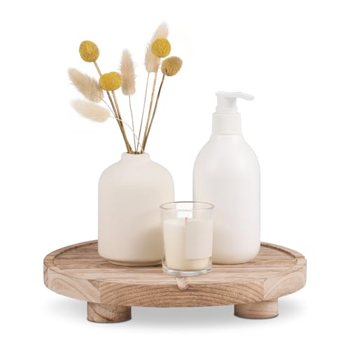 10'' Round Wooden Tray Pedestal Stand, Farmhouse Bathroom Decor Riser for Soap Dispenser, Perfume, Candle, 10'', Light Brown - color: 10''-light Brown