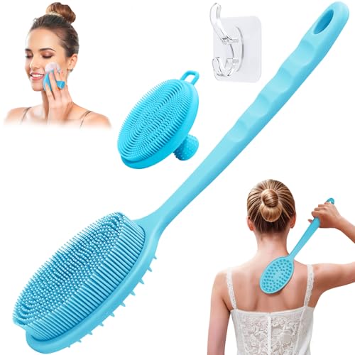 Silicone Face & Back Scrubber Set, Manual Face & Body Scrubber Exfoliator with Soft Bristles and Non-Slip Handle, Back Brush Bath Brush with Detachable Brush Head(2PCS Blue Set) - color: 2*blue Set