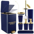 XLHOMO Navy Blue Bathroom Accessories Set 8 Piece Navy Blue and Gold Bathroom Set, Bathroom Sets with Stainless Steel Trash Can,Toilet Brush,Toothbrush Set,Soap Dispenser - size: Navy blue, style: Bath Set