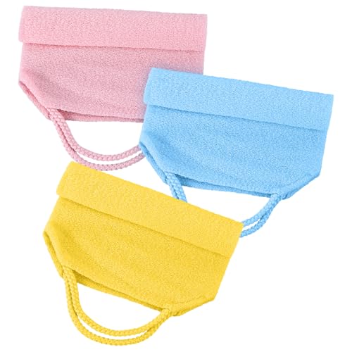 Body Wash Towel, 3 Pcs Double-Sided Back Exfoliator Body Scrub Towel, Nylon Back Scrubber with Handles, Stretchable BackWasher for Shower for Women Men(Blue, Pink, Yellow)
