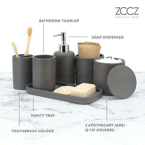 ZCCZ Gray Bathroom Accessories Set 6 Pieces - Toothbrush Holder, Lotion Dispenser, Qtip Container, Vanity Tray, Tumbler - Countertop Organizer for Bathrooms - Elegant and Functional Décor Set - color: Gray, size: 6pcs