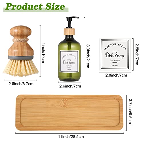 Zopeal 4 Pcs 16 oz Kitchen Soap Dispenser Set with Bamboo Tray and Dish Brush Plastic Soap Dispenser Set with Waterproof Labels for Hand Dish Lotion(Green) - color: Green