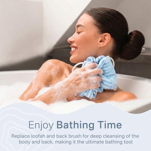Yiclick Dual-Textured Exfoliating Washcloth Towel - Back Scrubber for Use in Shower Bath, Exfoliating Body Scrubber Exfoliator, Japanese Exfoliate Loofah Lufa Sponge Wash Cloth for Women Men - color: Sky