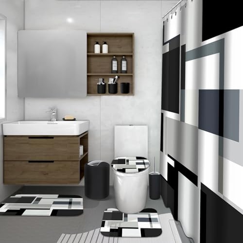 Lnond Black Bathroom Set, 23-Piece Black Geometric Bathroom Decor Set with with Shower Curtain and Rugs, Trash Can, Toilet Brush Holder Set & Soap Dispenser - style: Black Geometric