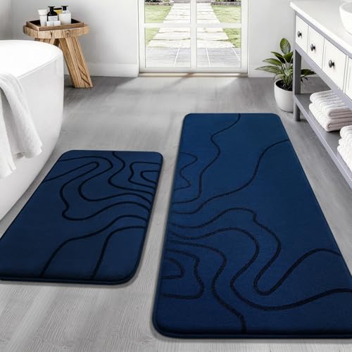 YIHOUSE Memory Foam Bathroom Rugs Sets 2 Piece - Extra Thick Ultra Soft Absorbent Bath Mat Set, Non-Slip Machine Washable Bath Rugs for Bathroom, Tub & Shower, Home Decor (17"x24"+20"x46", Dark Blue) - color: Dark Blue, size: 1'5" x 3'10" (17"x24"+20"x46"