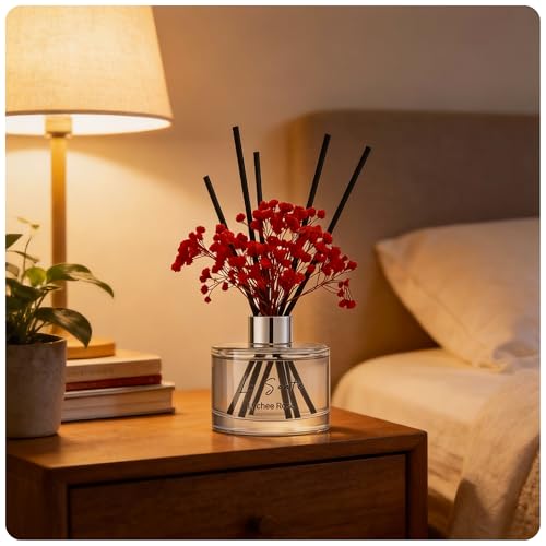 Reed Diffuser Set (6.7fl oz), Natural Lychee Rose Essential Oil Fragrance with Glass Bottle, Black Rattan Sticks & Preserved Flowers, Up to 120 Days Lasting Fragrance for Home & Office