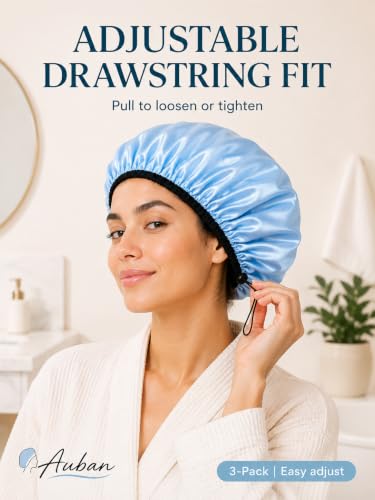 Auban Shower Cap for Women, Adjustable Reusable, Extra Large, Double-Layer Waterproof Bathing cap, Waterproof Exterior, EVA Lining, Hair Cap for All Hair lengths, 3 Colors - color: blue,pink,black