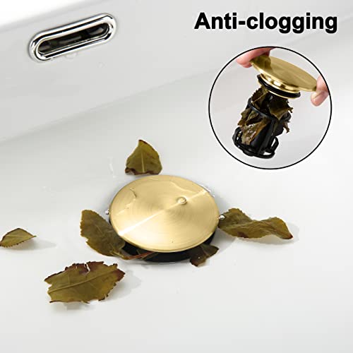 TIORIY Pop up Bahtroom Sink Drain with Overflow, Brushed Gold Vessel Sink Drain for Bathroom Assembly, Anti Clogging Bathroom Sink Stopper, Suit for 1 3/4 Hole - color: With Overflow Brushed Gold