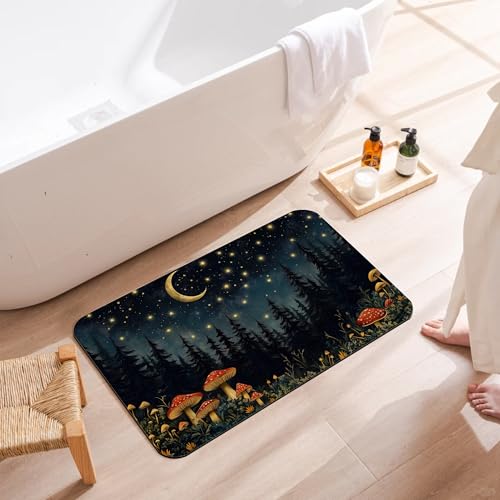 Diatomaceous Bathroom Rugs,Forest Red Mushroom Bathroom Decor,Starry Moon Night Non Slip Bath Mat,Quick Dry Easy to Clean Care Shower Rug for Home Dorm Low Profile Floor Mat 17 X 29.5 Inch - color: Forest Red Mushroom
