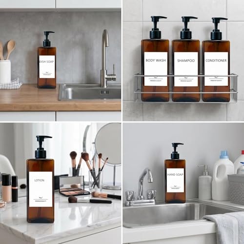 Shampoo and Conditioner Dispenser Set, 3Pack Refillable Shampoo and Conditioner Bottles with Labels, 500ml Soap Dispenser 16.9oz Shower Dispenser Square Pump Bottle for Bathroom and Kitchen - Amber - color: Amber - 3pack 16.9oz