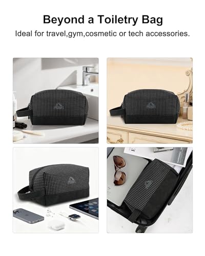 GOX Premium Plaid & Leather Travel Toiletry Bag with Reinforced Handles Cosmetic Organizer (9x5.1x5.1 inches) for Bathroom, Shaving, Makeup Essentials (Black) - color: Black