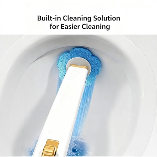 Disposable Toilet Brush Set with 24 Refill Heads, Wall Mounted Bathroom Cleaning Wand, 3-Layer Scrubbing Pads with Built-in Cleaner, One-Click Contactless Replacement, White and Gold