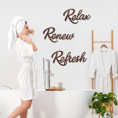 3 Pieces Bathroom Decor Wooden Bathroom Sign,Relax Renew Refresh Sign (Brown) - color: Brown