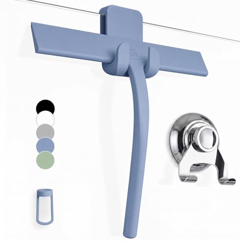 GÜTEWERK Silicone Shower Squeegee for Glass Doors & Mirrors with Stainless Steel Core, Streak-Free & No-Squeak Window Cleaning, 3-in-1 No-Drill Mount (Hook/Suction/Adhesive),Blue, 9 Inches - color: Blue, size: 9 Inches