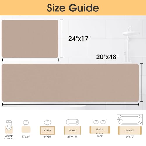 ACCUMTEK Non Slip Bath Mat, Thin Bathroom Rugs Fit Under Door, Quick Dry Bath Mats, Machine Washable Bath Rugs for Bathroom, Bathtub & Kitchen, Bathtub, Taupe/Solid/24 x17+48"x20" - color: Taupe, size: 24"x17"+48"x20"