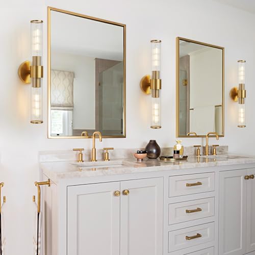 Hardwired Bathroom Light Fixtures, Gold Wall Sconce in Threaded Glass Indoor Wall Sconces, Modern Bathroom Vanity Light Up and Down Sconces Wall Lighting for Living Room, Bulb Not Included - color: Gold-B