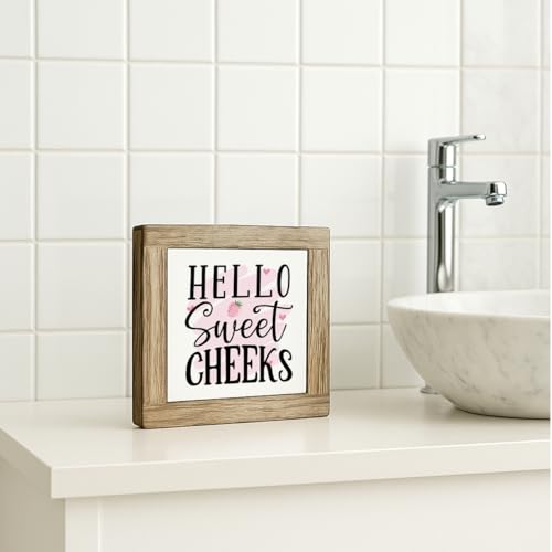 Rustic Farmhouse Bathroom Decor, Hello Sweet Cheeks Wooden Box Sign, Funny Decorative for Bathroom, Toilet Shelves Accessory, Square Wood Block Sign Table Decor 5.9×5.9 inch - color: color31