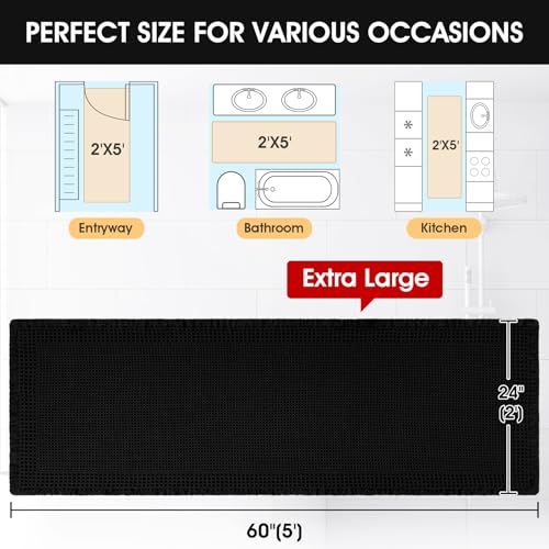 Extra Large Waffle Bath Mat, 6'x2' Black-Bordered, Super Absorbent Non-Slip Quick Dry Bathroom Rugs with Tassels, Machine Washable Ultra Soft Boho Bath Rugs for Floor, Toilet Mats Boho Farmhouse Decor - color: Black, size: 2' x 6' (Runner)