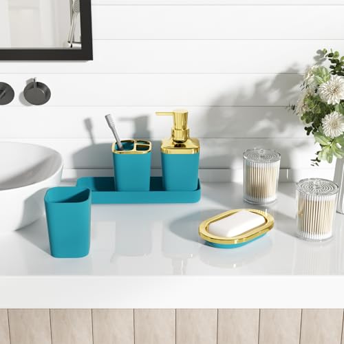 XLHOMO Bathroom Set - Teal Blue Bathroom Accessories Set, Bathroom Sets with Shower Curtain and Rugs, Teal Blue Shower Curtain Set with Bathroom Trash Can, Soap Dispenser, Soap Dish for Home Decor - color: Plaid Teal Blue & Gold, size: Complete Set + Bath
